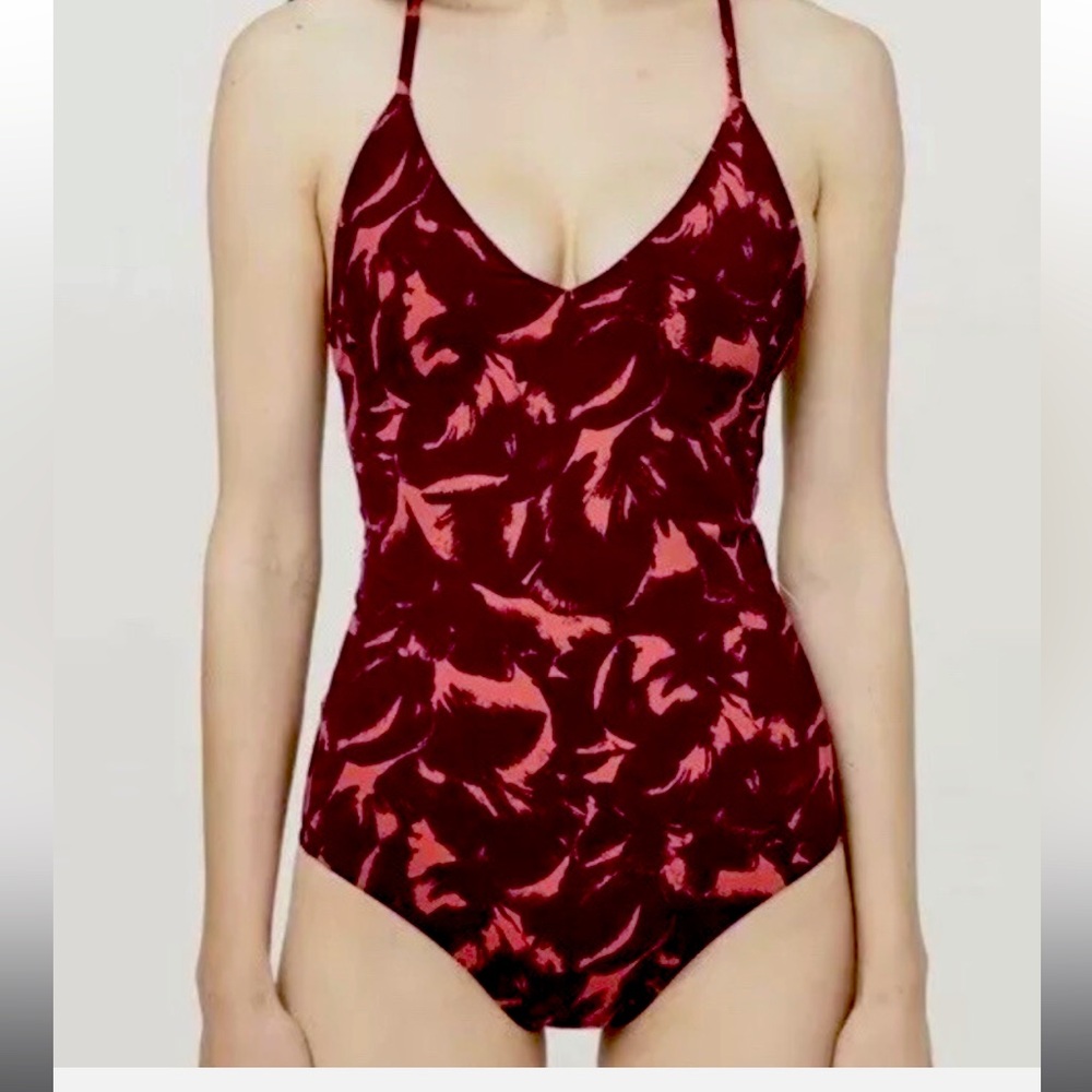 EUC Maroon orange print Weave the Waves tie back one piece swimsuit Lululemon 8